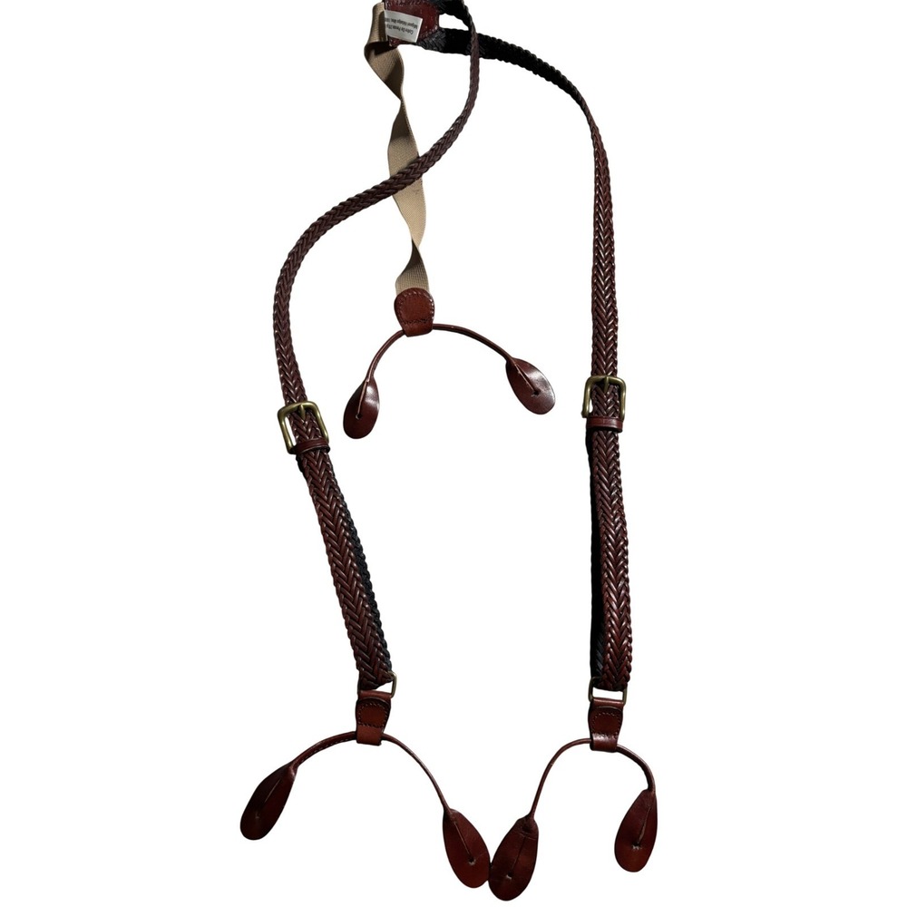Vintage Woven Braided Leather Suspenders Brown Y-Back Button End Heritage Career